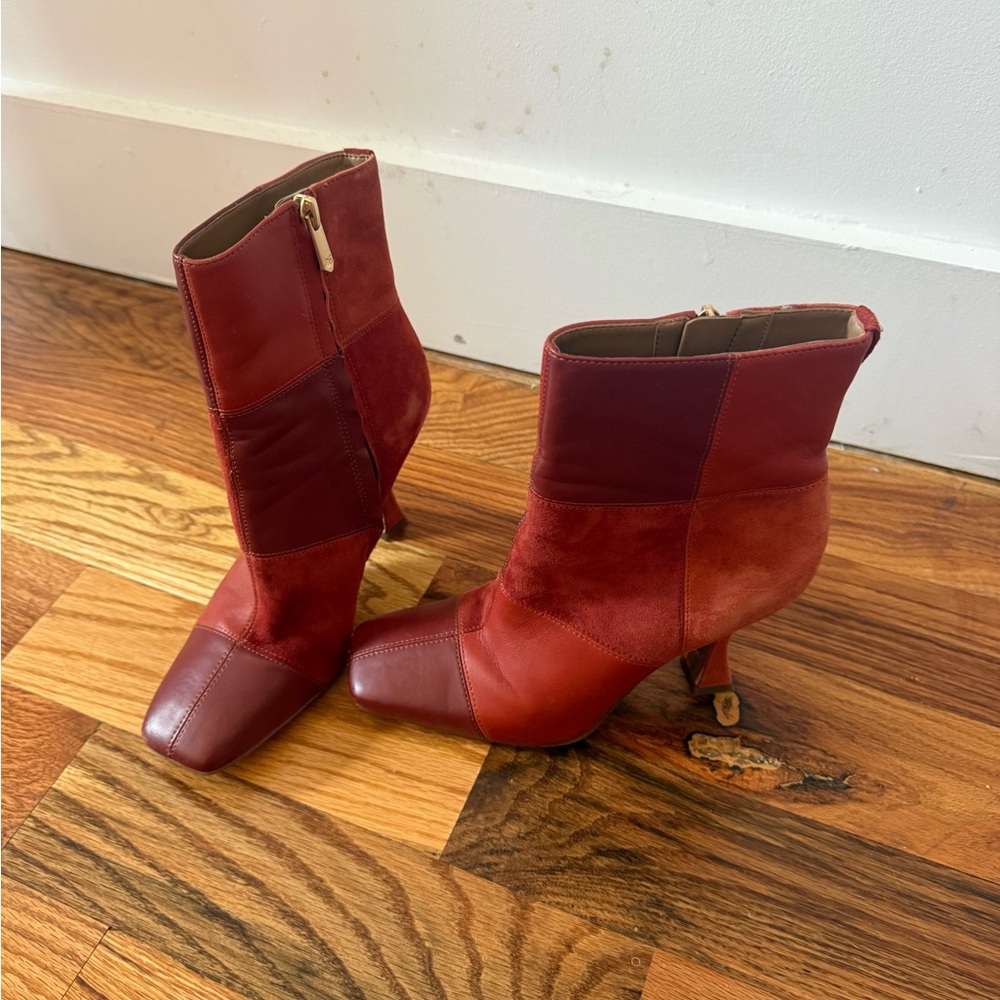 Sam Edelman Mixed-Material Red Patchwork Ankle Booties